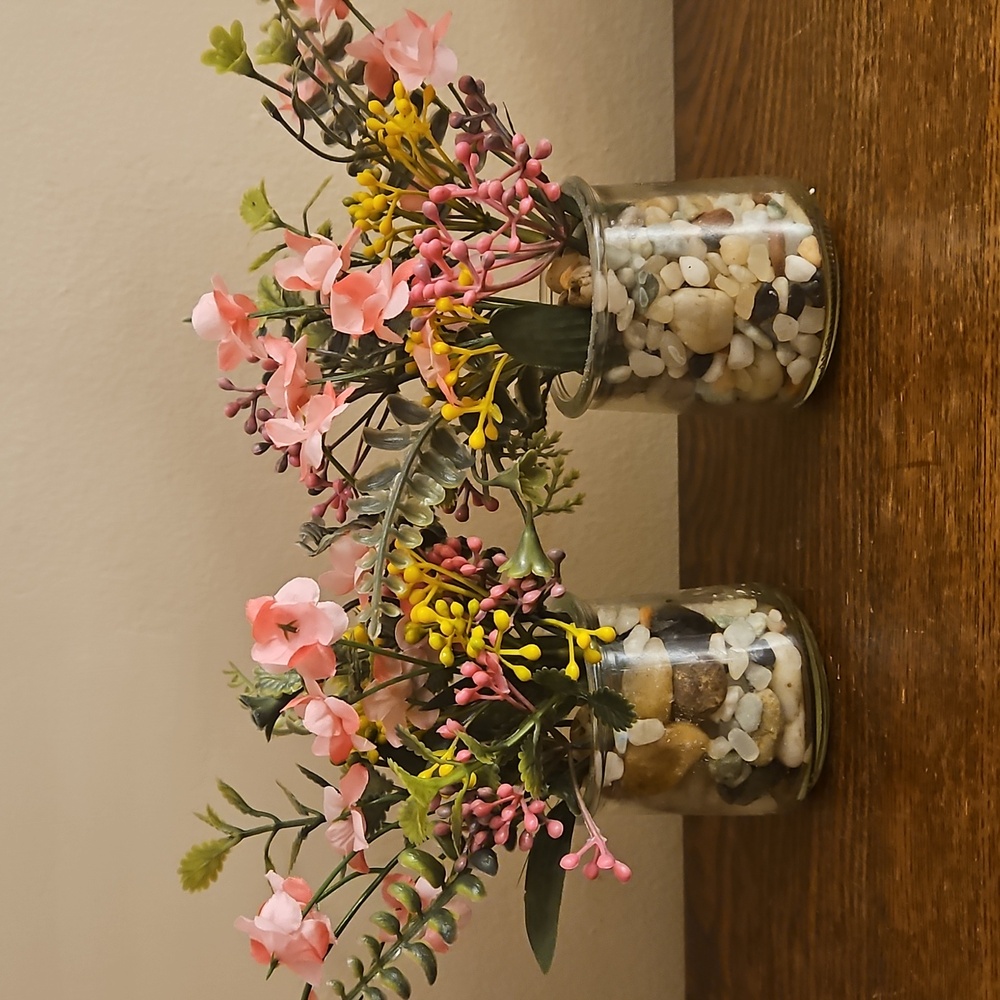 Hand Crafted Pink & Yellow Faux Floral Accents In Glass Jar W/Mixed Stones. Qty2
